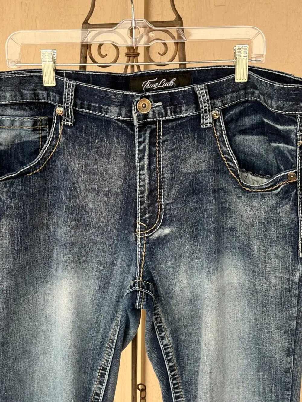 True Luck Mens Jeans Thick Stitch Denim Faded Wash Straight Leg Everyday 36x32